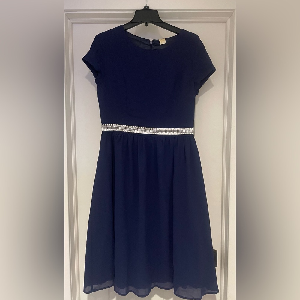 Women’s Jen Navy Blue Bling Belt Midi Bridesmaid Prom Mother of Bride Dress L